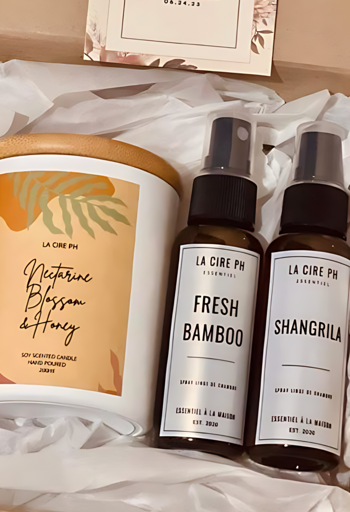 Nectarine Blossom and Honey Scented Candle and Fresh Bamboo and Shangrila Room Spray Set