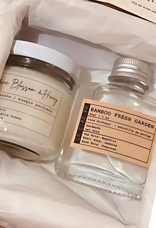 Bamboo Fresh Garden Reed Diffuser and Nectarine Blossom and Honey Scented Soy Candle Set